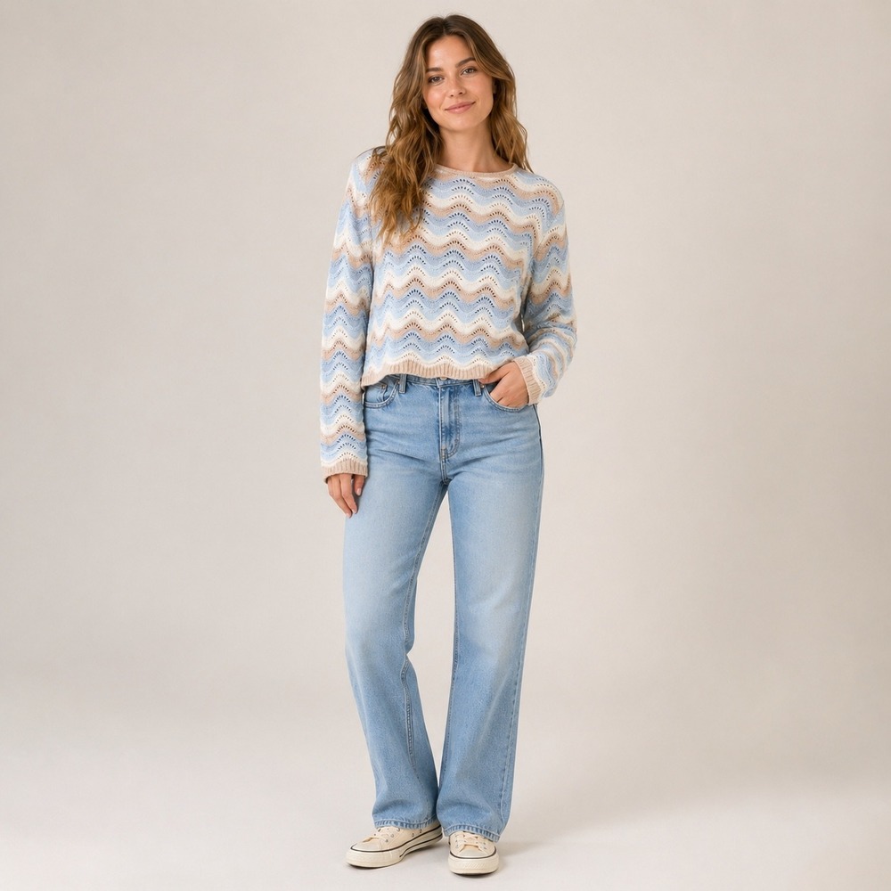 Ultra Flirt Blue Tan Chevron Wave Pointelle Crochet Bell Sleeve Sweater Small